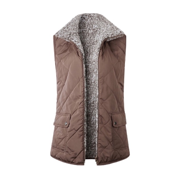 Brown Sherpa Reversible Quilted Zip Up Puffer Vest - Picture 5 of 6